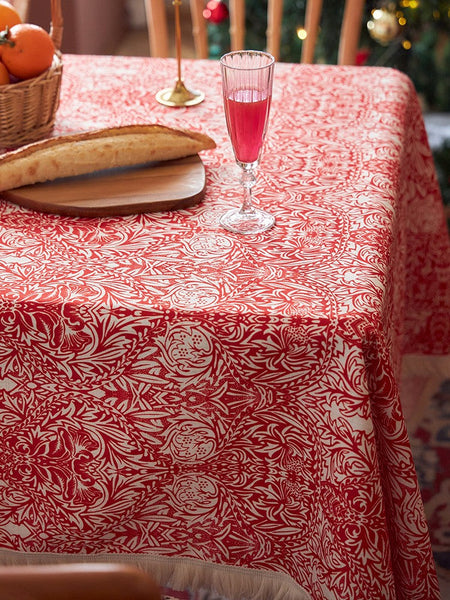 Large Fiberflax Rectangle Tablecloth for Home Decoration, Red Flower Pattern Tablecloth for Holiday Decoration, Square Tablecloth for Round Table-Grace Painting Crafts
