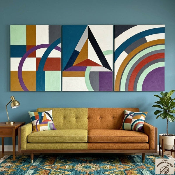 Multi Panel Canvas Art, Geometric Pattern Contemporary Artwork, Abstract Paintings for Mid Century Modern Living Room-Grace Painting Crafts