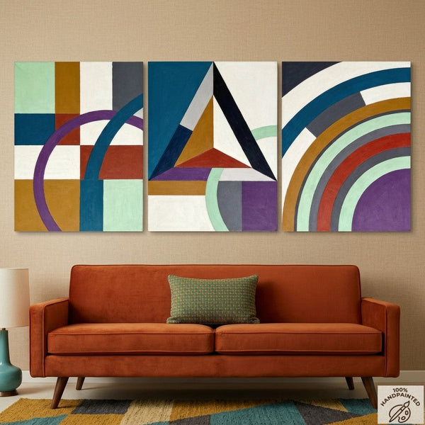 Multi Panel Canvas Art, Geometric Pattern Contemporary Artwork, Abstract Paintings for Mid Century Modern Living Room-Grace Painting Crafts