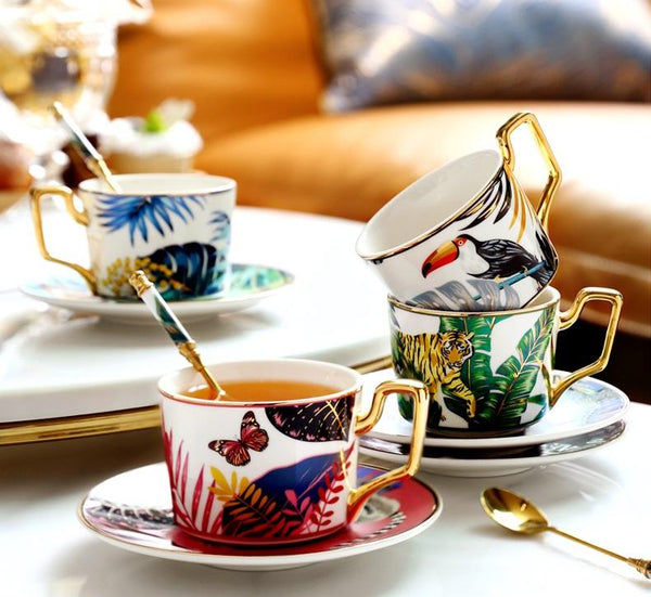 Elegant Tea Cup and Saucer, Jungle Toucan Pattern Porcelain Coffee Cups, 7.4 oz Coffee Cups with Gold Trim and Gift Box-Grace Painting Crafts