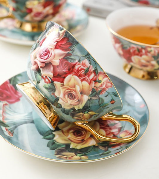Rose Royal Ceramic Cups, Elegant Flower Ceramic Coffee Cups, Afternoon Porcelain Tea Cup Saucer Set, 6.8 oz Tea Cup and Saucer in Gift Box-Grace Painting Crafts