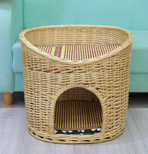 Washable Wicker Cat Bed, Wicker Cat House with Washable Cushion for Indoor Cats and Dogs-Grace Painting Crafts
