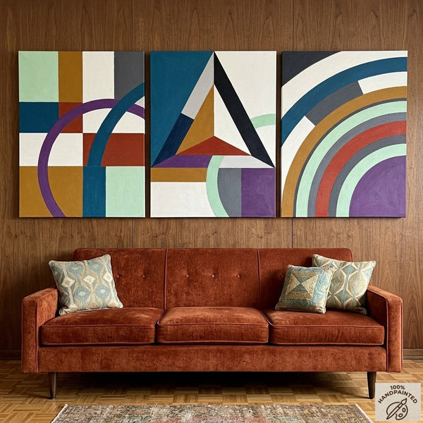 Multi Panel Canvas Art, Geometric Pattern Contemporary Artwork, Abstract Paintings for Mid Century Modern Living Room-Grace Painting Crafts