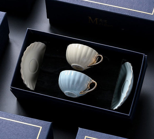 French Style Tea Cup and Saucer in Gift Box as Birthday Gift, Elegant Macaroon Ceramic Coffee Cups, Porcelain Tea Cup Saucer Set of 2 Cups, Beautiful British Tea Cups-Grace Painting Crafts