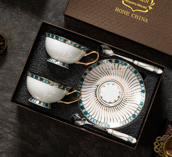 Unique Tea Cup and Saucer in Gift Box, Elegant British Ceramic Coffee Cups, Bone China Porcelain Tea Cup Set for Office, Green Ceramic Cups-Grace Painting Crafts