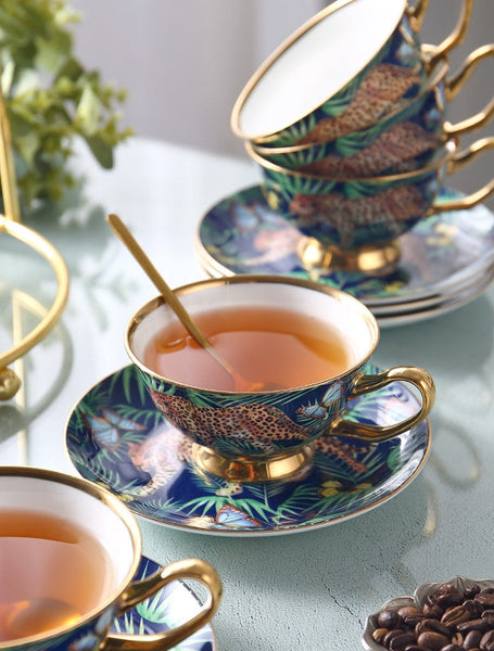 Creative Leopard Ceramic Coffee Cups, 6.8 oz Tea Cup and Saucer in Gift Box as Birthday Gift, Beautiful British Tea Cups, Creative Porcelain Tea Cup Set-Grace Painting Crafts