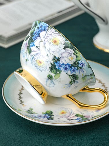 Elegant British Ceramic Coffee Cups, 7.4 oz Tea Cup and Saucer in Gift Box, Royal Porcelain Tea Cup Saucer Set, Rose Flower Pattern Ceramic Cups-Grace Painting Crafts