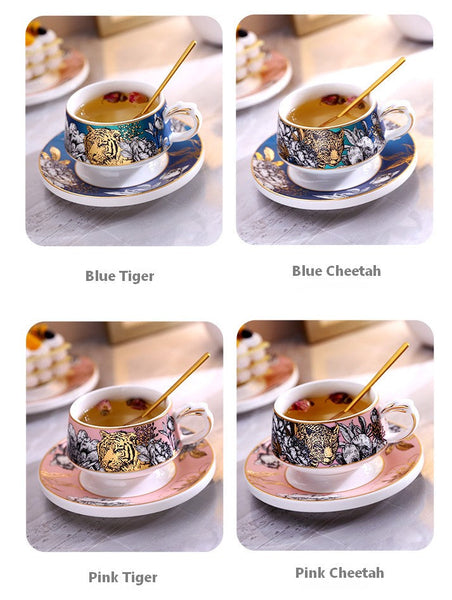 Handmade Ceramic Cups with Gold Trim and Gift Box, Jungle Tiger Cheetah Porcelain Coffee Cups, Creative Ceramic Tea Cup and Saucer-Grace Painting Crafts