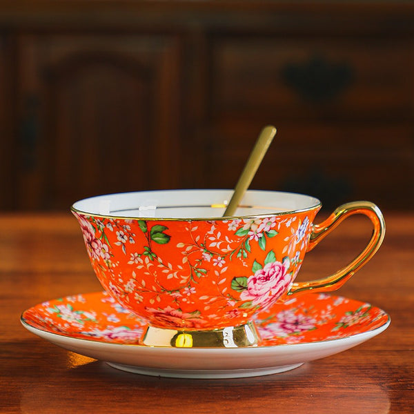 Porcelain Tea Cup and Saucer Set, Floral Ceramic Coffee Cup with Saucer, Traditional English Tea Cup and Saucer Set, Afternoon British Tea Cup with Saucer-Grace Painting Crafts