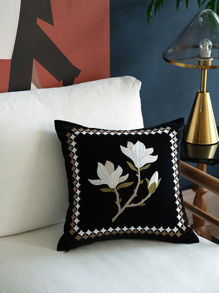 Magnolia Embroidered Cushion, Decorative Pillow Arrangement Ideas for Couch, Large Decorative Pillows for Couch, Modern Throw Pillows for Bedroom, Living Room Decorative Pillows-Grace Painting Crafts
