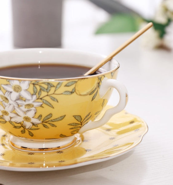 Creative Yellow Ceramic Coffee Cups, Unique Flower Coffee Cups and Saucers, Beautiful British Tea Cups, Creative Bone China Porcelain Tea Cup Set-Grace Painting Crafts