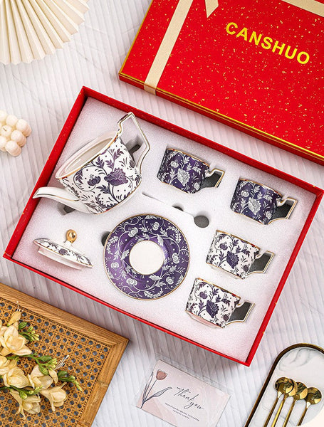 British Traditional Afternoon Tea Cup Set, Ceramic Coffee Cup with Saucer in Gift Box, Porcelain Tea Cup and Saucer Set with Teapot