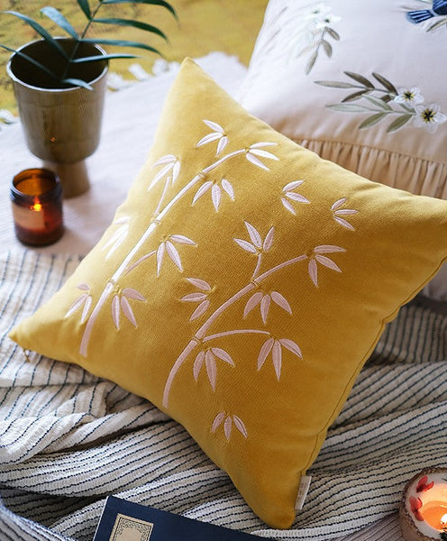 Decorative Pillow Arrangement Ideas for Couch, Large Decorative Pillows for Couch, Modern Throw Pillows for Bedroom, Living Room Decorative Pillows, Yellow Embroidered Bamboo Cushion-Grace Painting Crafts