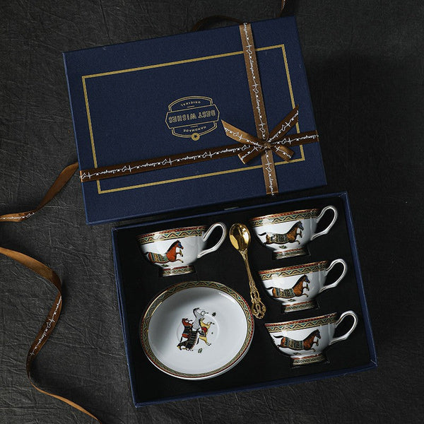 Elegant British Horse Pattern Coffee Cup with Saucer, Ceramic Tea Cup and Saucer in Gift Box, Porcelain Tea Cup and Saucer Set-Grace Painting Crafts