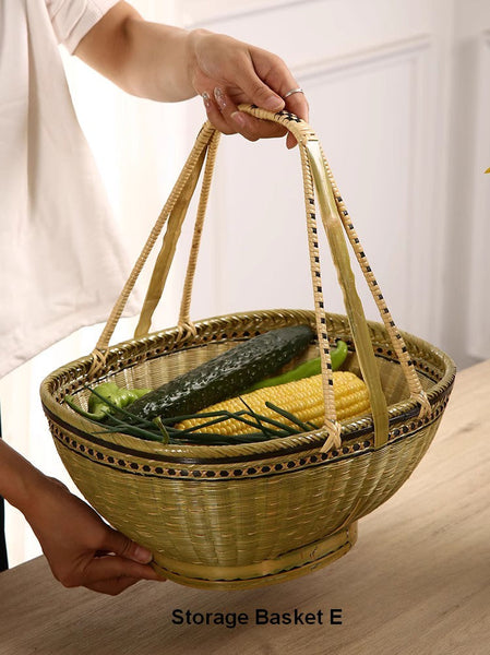Extra Large Picnic Food Basket with Handle, Lovely Bamboo Baskets for Vegetable, Natural Hand-woven Bamboo Basket, Natural Fruit Basket, Kitchen Storage Baskets-Grace Painting Crafts