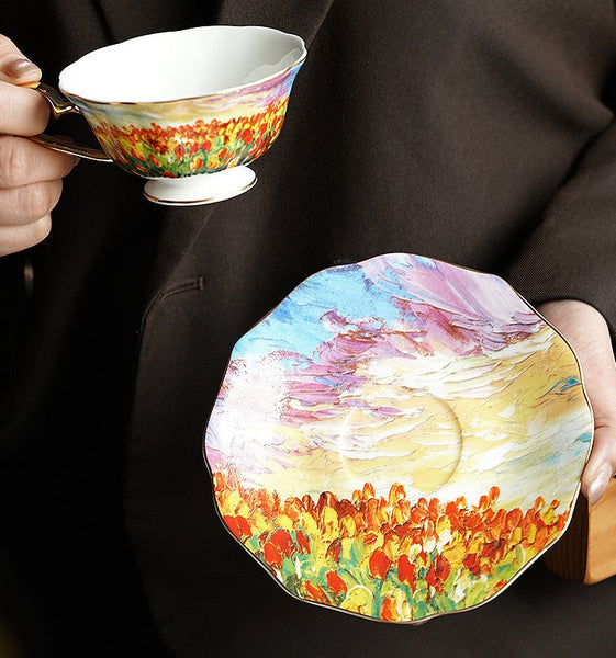 Elegant Ceramic Coffee Cups, Flower Field Vintage Porcelain Tea Cup Saucer Set, Unique British Tea Cup and Saucer in Gift Box, Royal Ceramic Cups-Grace Painting Crafts