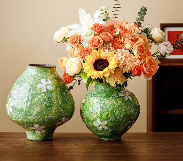 Centerpiece on Dining Table, Handmade Water Holding Flower Vases, Modern Pottery Flower Vases, Pottery Bud Vases, Large Green Flower Vases on Table-Grace Painting Crafts