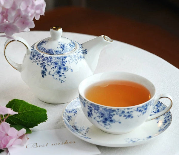 British Style Porcelain Teapot with Matching Cup and Saucer in Gift Box, Ceramic Tea Pot with Integrated Cup, Stackable Teapot and Cup Set, Mother-and-Baby Teapot with Matching Saucer-Grace Painting Crafts