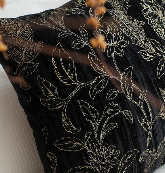 Contemporary Modern Sofa Pillows, Black Embroidery Flower Pattern Pillows for Couch, Decorative Throw Pillows for Bedroom, Large Modern Sofa Pillow for Dining Room-Grace Painting Crafts