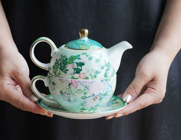 Vintage Style Stackable Tea Pot Set, English Style Tea Pot and Cup Set, Ceramic Tea Pot with Integrated Cup, Mother-and-Baby Teapot with Matching Saucer-Grace Painting Crafts