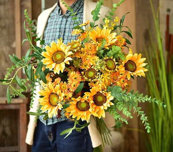 Large Bunch of Yellow Sunflowers, Unique Floral Arrangement for Home Decoration, Table Centerpiece, Real Touch Artificial Flowers for Living Room-Grace Painting Crafts