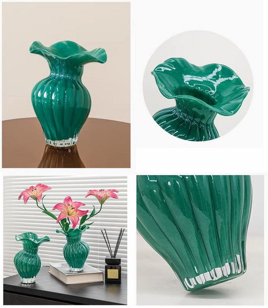 Contemporary Vases for Modern Home Decor, Unique Handmade Liuli Vases, Color Glaze Vase, Green Glass Bud Vases, Centerpiece Vases on Table-Grace Painting Crafts
