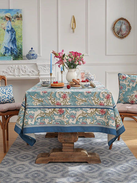 Blue Flower Rectangle Table Cloth, Modern Rectangular Tablecloth Ideas for Dining Table, Square Linen Tablecloth for Coffee Table-Grace Painting Crafts