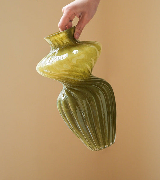 Handmade Contemporary Glass Vases, Modern Green Vases for Living Room, Mid Century Vases for Flowers, Unique Decorative Glass Vase, Centerpiece Vases on Table-Grace Painting Crafts