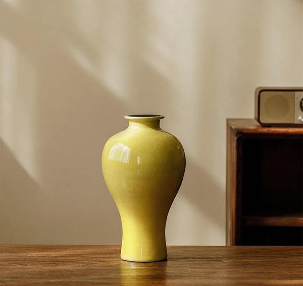 Handmade Water Holding Flower Vase, Yellow Flower Vases on Table, Ceramic Bud Vases, Porcelain Flower Vases-Grace Painting Crafts