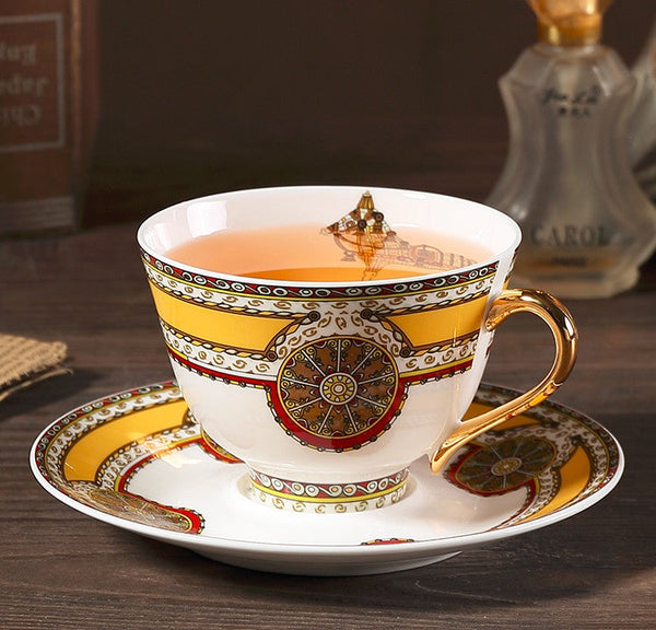 Handmade Beautiful British Tea Cups, Creative Porcelain Tea Cup Saucer Set, Yellow Royal Ceramic Coffee Cups, 6.8 oz Tea Cup and Saucer-Grace Painting Crafts
