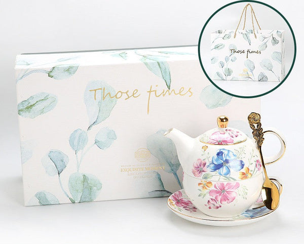 Ceramic Tea Pot with Integrated Cup, Stackable Teapot and Cup Set, Porcelain Teapot with Matching Cup and Saucer in Gift Box, Mother and Baby Teapot with Matching Saucer-Grace Painting Crafts