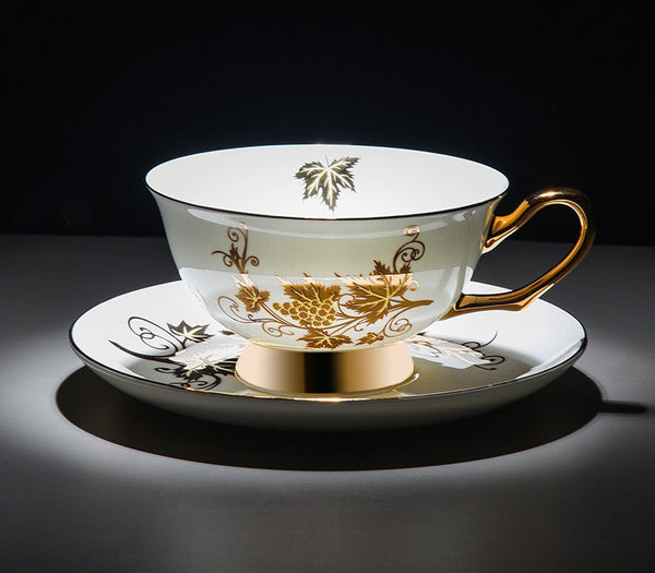 Elegant British Ceramic Coffee Cups, 7.4 oz Golden Leaves and Grapes Porcelain Tea Cup Saucer Set, Unique British Tea Cup and Saucer in Gift Box-Grace Painting Crafts
