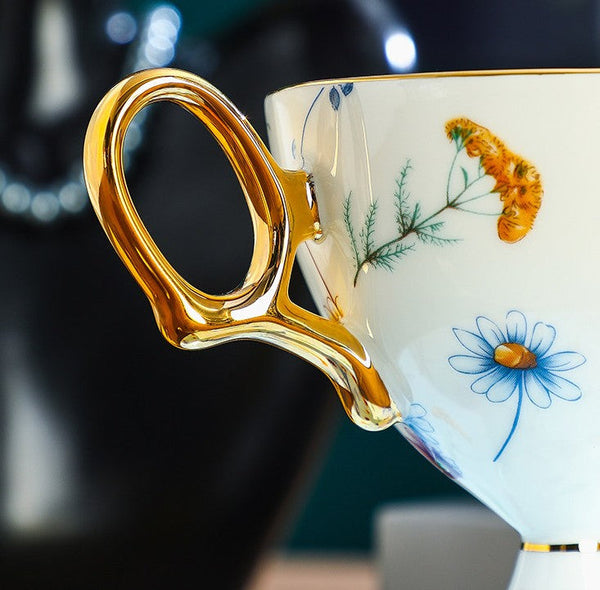 Elegant British Ceramic Coffee Cup with Saucer, 6.8 oz Tea Cup and Saucer Set in Gift Box, Floral Porcelain Tea Cup and Saucer Set, Flower Ceramic Tea Cup and Saucer-Grace Painting Crafts