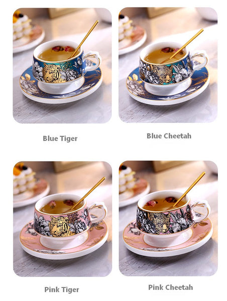 Creative Ceramic Tea Cup and Saucer, Jungle Tiger Cheetah Porcelain Coffee Cups, Unique Ceramic Cups with Gold Trim and Gift Box-Grace Painting Crafts