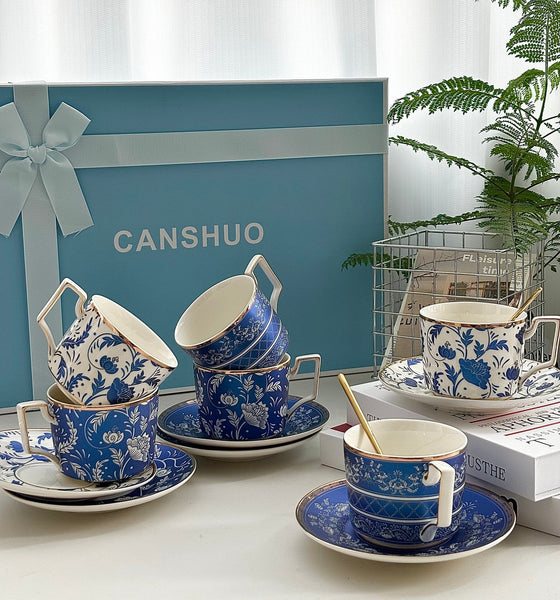 Ceramic Coffee Cup with Saucer in Gift Box, Blue Porcelain Tea Cup and Saucer Set, British Traditional Afternoon Tea Cup Set with Teapot