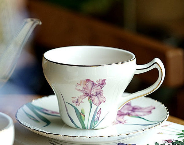 Iris Flower British Tea Cups, Beautiful Bone China Porcelain Tea Cup Set, Traditional English Tea Cups and Saucers, Unique Ceramic Coffee Cups in Gift Box-Grace Painting Crafts