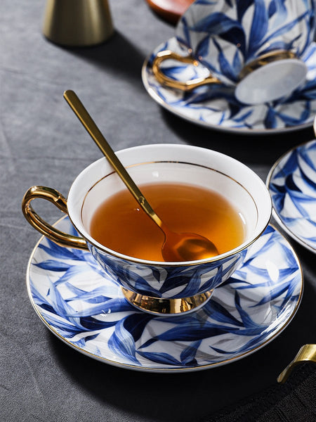 Unique British Tea Cup and Saucer in Gift Box, Blue Porcelain Tea Cup Saucer Set, 7.4 oz British Ceramic Coffee Cups-Grace Painting Crafts