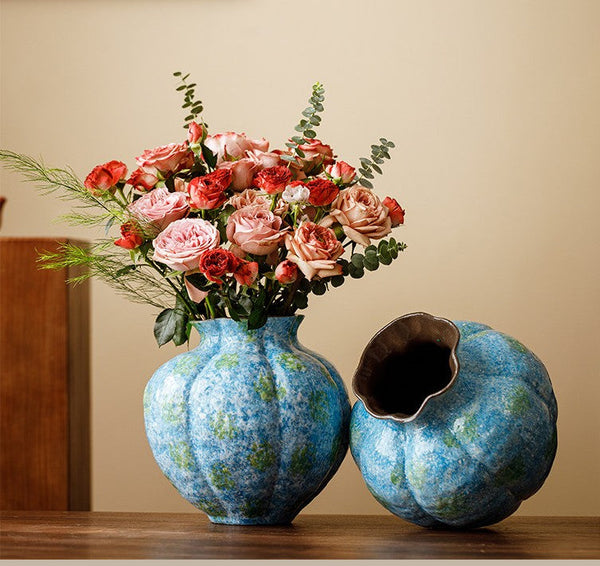 Pottery Flower Vases, Modern Bouquet Flower Vases, Centerpiece on Dining Table, Blue Flower Vase on Table, Handmade Water Holding Flower Vases-Grace Painting Crafts