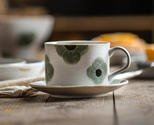 Cappuccino Coffee Cup, Spring Flower Coffee Cup, Rustic Tea Cup, Pottery Coffee Cups, Coffee Cup and Saucer Set-Grace Painting Crafts