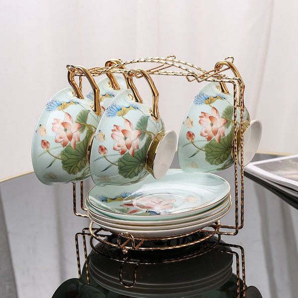 Unique British Tea Cup and Saucer in Gift Box, Lotus Flower Porcelain Tea Cup Saucer Set, Elegant British Ceramic Coffee Cups-Grace Painting Crafts