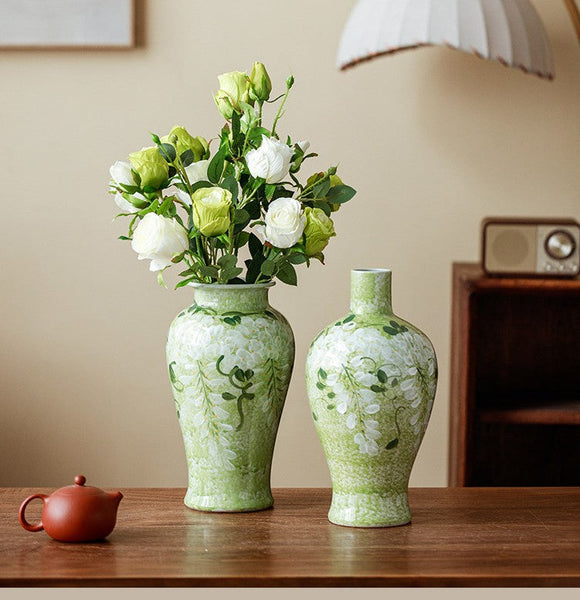 Large Flower Vases on Table, Green Porcelain Flower Vases, Centerpiece Ceramic Bud Vases, Handmade Water Holding Flower Vase-Grace Painting Crafts