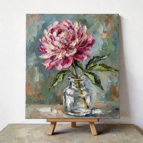 Hand Painted Canvas Art, Blooming Pink Peony in Glass Vase, Still Life Painting, Impasto Heavy Texutre Art, Small Canvas Artwork, Original Flower Paintings-Grace Painting Crafts