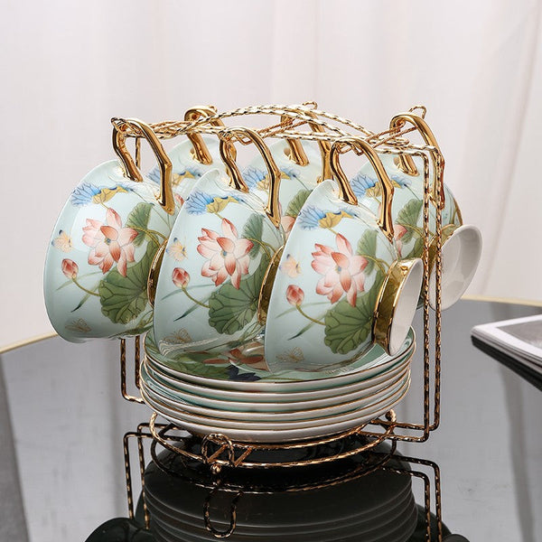 Lotus Flower Porcelain Tea Cup Saucer Set, Unique British Tea Cup and Saucer in Gift Box, Elegant British Ceramic Coffee Cups-Grace Painting Crafts