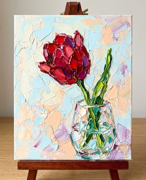 Original Oil Painting on Canvas, Original Flower Paintings, Red Tulip in Glass Vase, Hand Painted Canvas Artwork, Small Canvas Artwork for Sale, Impasto Canvas Art-Grace Painting Crafts