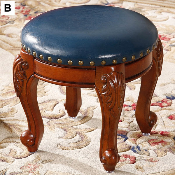 Solid Wood Ottoman, Rubberwood Entry Bench, Vanity Stool, Genuine Leather Solid Wood Entry Bench, Vintage Round Stool-Grace Painting Crafts