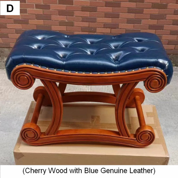 Cherry Wood Footstool, Vintage Leather Stool, Genuine Leather Solid Wood Entry Bench, Long Bench, Vanity Stool, Dressing Table Stool-Grace Painting Crafts