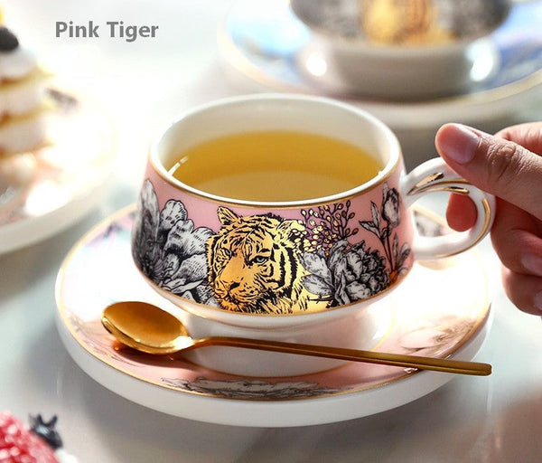 Handmade Ceramic Cups with Gold Trim and Gift Box, Jungle Tiger Cheetah Porcelain Coffee Cups, Creative Ceramic Tea Cup and Saucer-Grace Painting Crafts