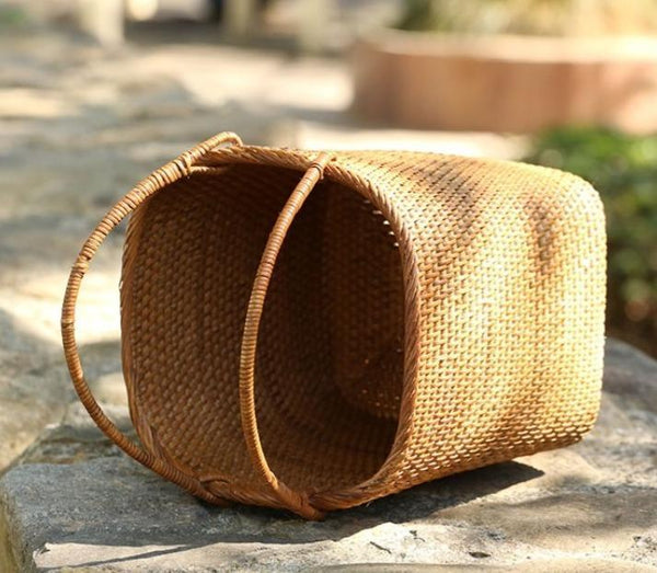 Woven Rattan Storage Basket with Handle, Storage Basket for Picnic, Fruit Storage Basket, Kitchen Storage Basekt-Grace Painting Crafts