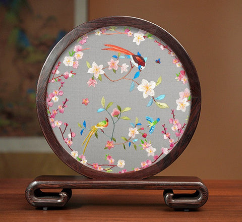 Flower and Birds Silk Embroidery Ornaments, Exclusive Business Presents, Creative Birthday Gift, Premium Souvenir, Traditional Chinese Suzhou Silk Embroidery-Grace Painting Crafts