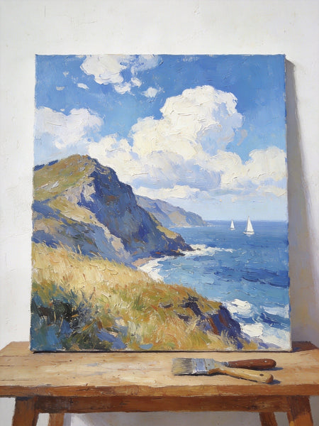 Original Landscape Paintings, Sails Beneath the Cliffside Clouds, Hand Painted Canvas Art, Small Canvas Wall Art Paintings, Buy Small Paintings Online, Original Oil Paintings-Grace Painting Crafts